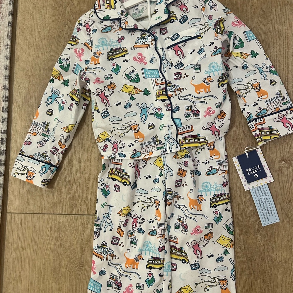 Roller Rabbit Kids Cream Travel Scene Pajama Set with Multicolor Print